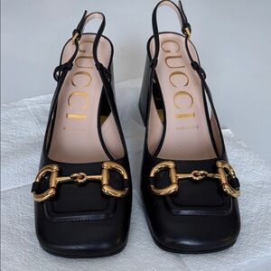 Gucci Black Slingback Heels with Gold Hardware